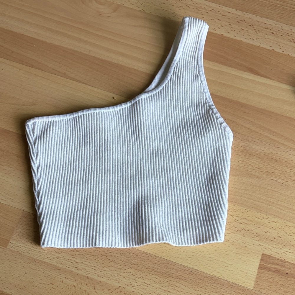 Babaton White Ribbed One-Shoulder Crop Top XS